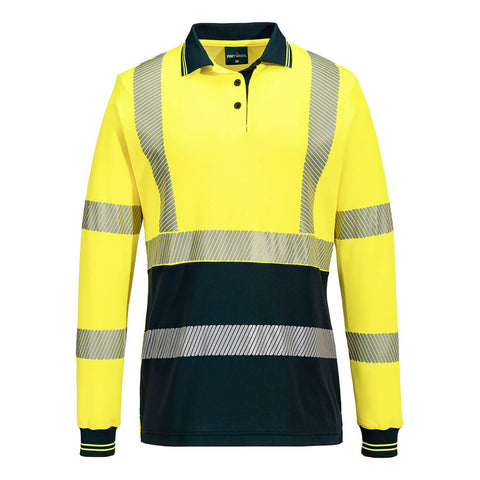 Hi-Vis Women's Cotton Comfort Polo Shirt L/S Yellow/Navy