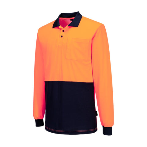 Hi-Vis Cotton Comfort Contrast Class D Polo Shirt L/S Orange/Navy angled view