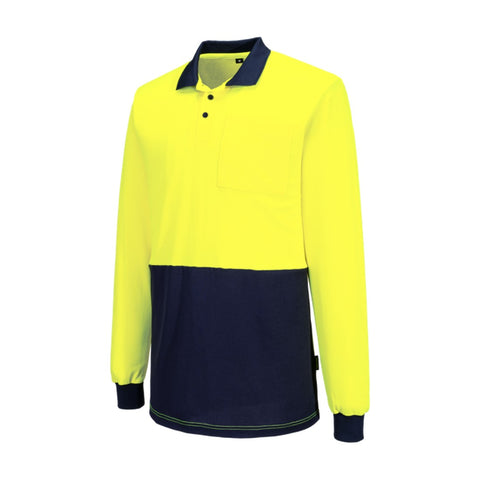 Hi-Vis Cotton Comfort Contrast Class D Polo Shirt L/S Yellow/Navy angled view