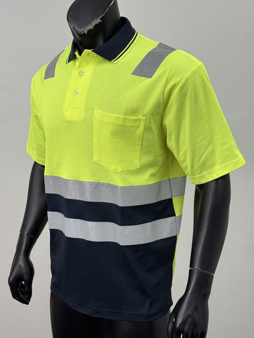 Unisex Adults Hi-Vis Polyface / Cotton Back Polo With Reflective Tape detail