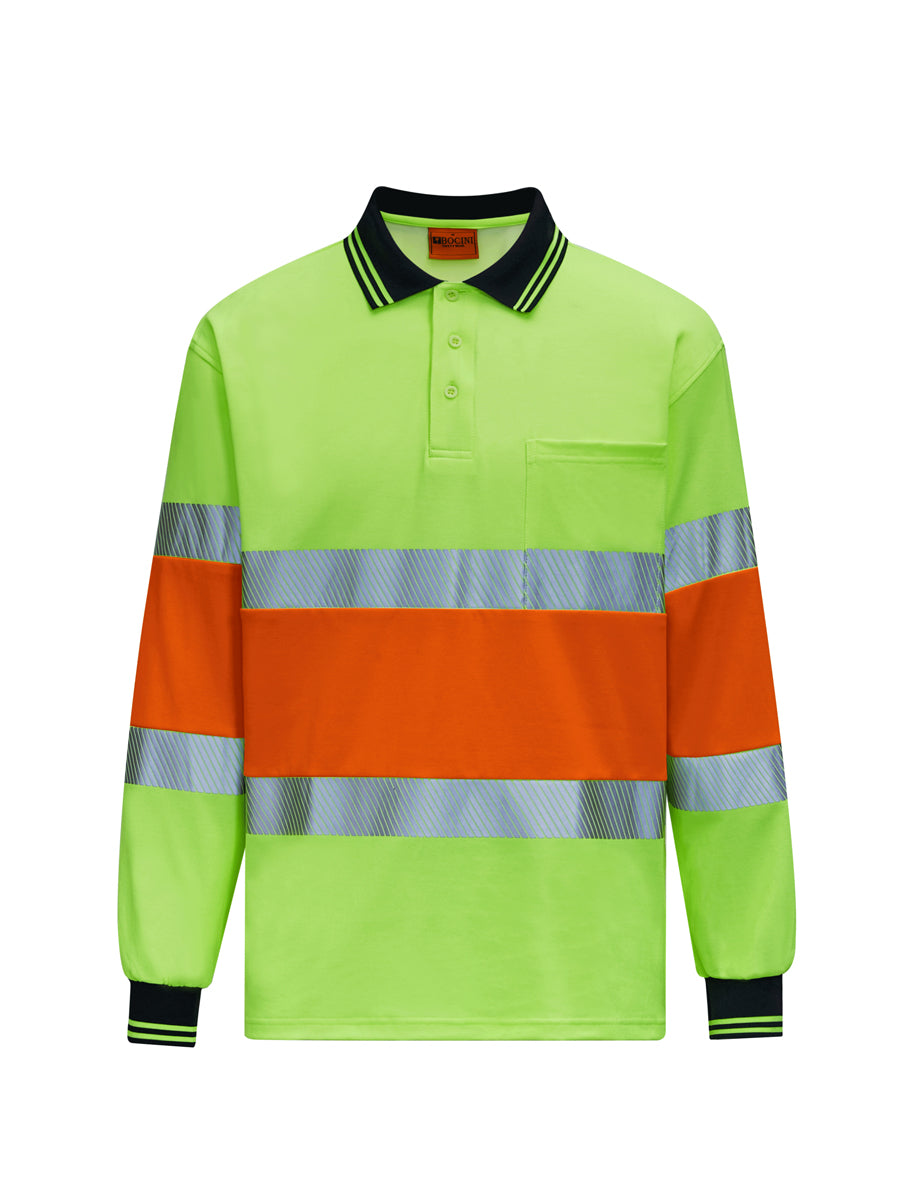 Hi-Vis Center Panel Long Sleeve Polo in Fluoro Yellow/Fluoro Orange
