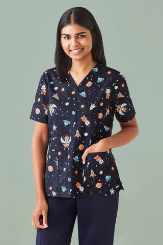 Womens Space Party Scrub Top-CST148LS-biz-care